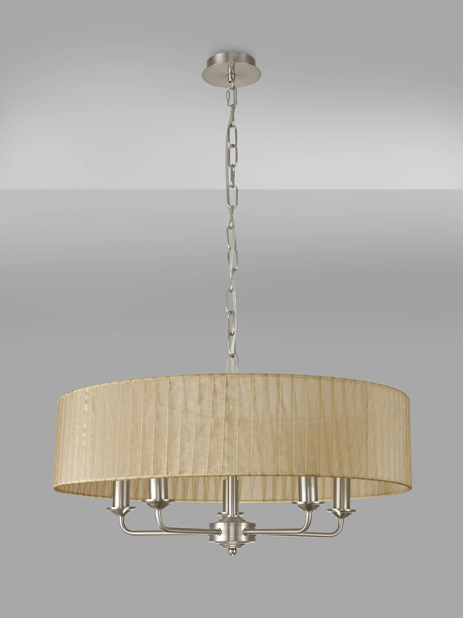 Banyan 5 Light Multi Arm Pendant With 60cm x 15cm Organza Shade Satin Nickel/Soft Bronze DK0878  Deco Banyan SN SB